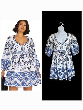 Anthropologie Sweetheart Embroidered Floral Mini Dress 20W 2X Blue Beachy Boho